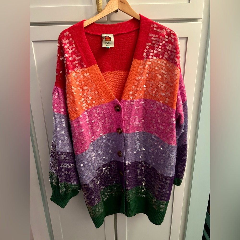Farm Rio Rainbow Stripe Sequin Cardigan